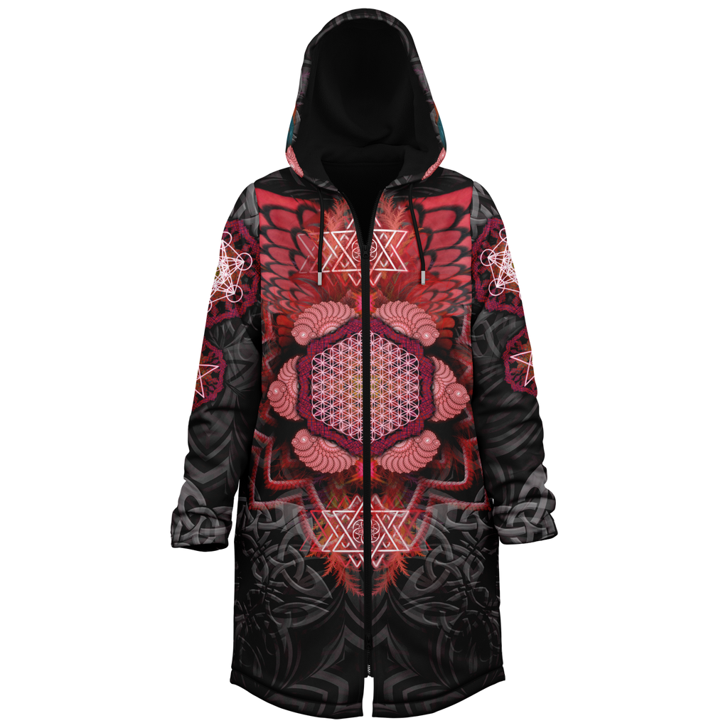 Red Black Angel Catcher Women's Festival Cloak side view with psychedelic art