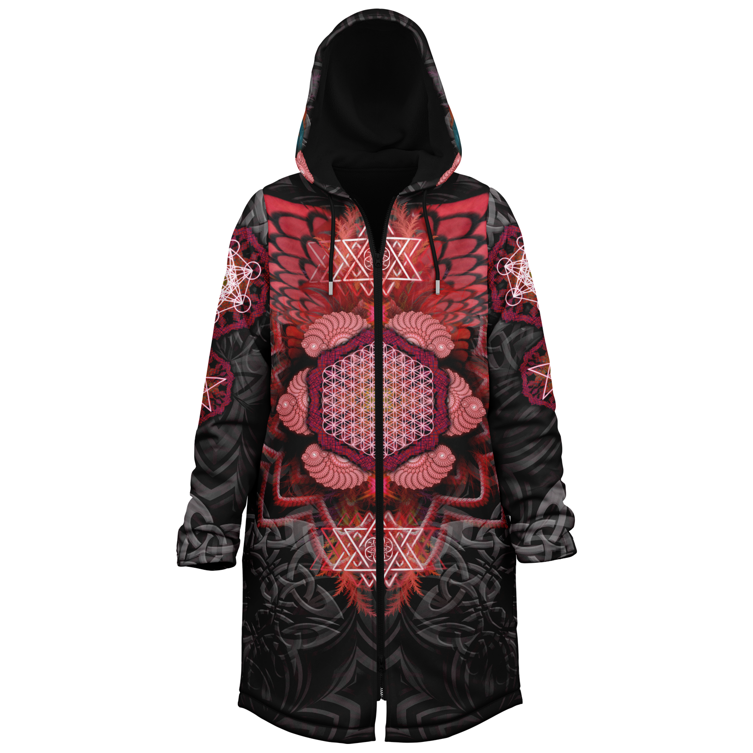 Red Black Angel Catcher Women's Festival Cloak side view with psychedelic art