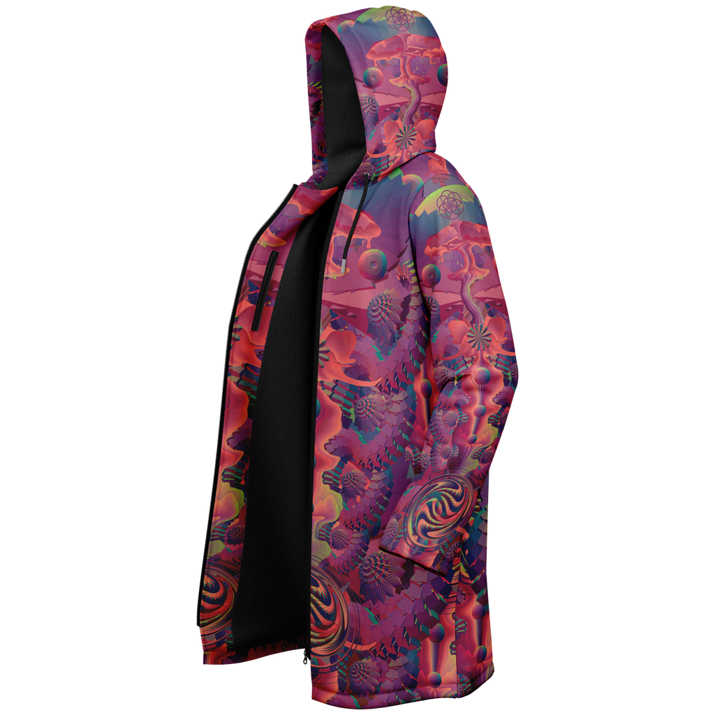 Fuchsia Shroom Flower Of Life Women's Festival Cloak back view with EDM festivals