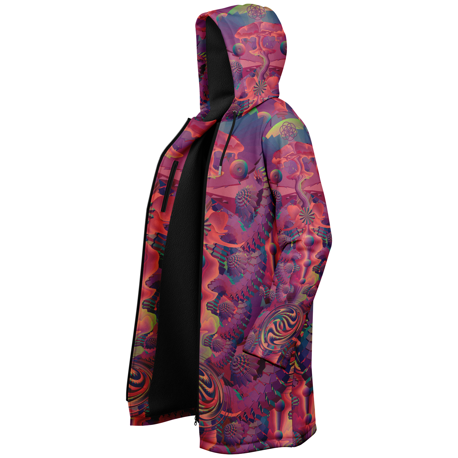 Fuchsia Shroom Flower Of Life Women's Festival Cloak back view with EDM festivals
