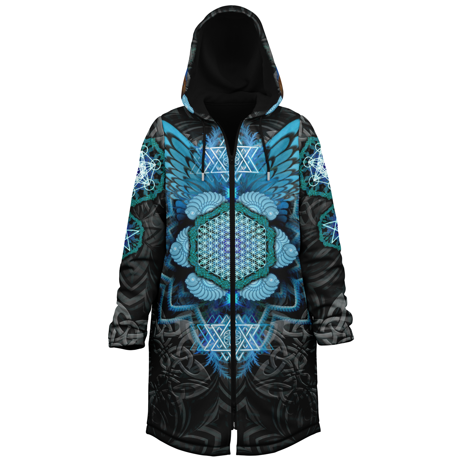 Angel Catcher Men's Festival Cloak side view with occult-inspired art