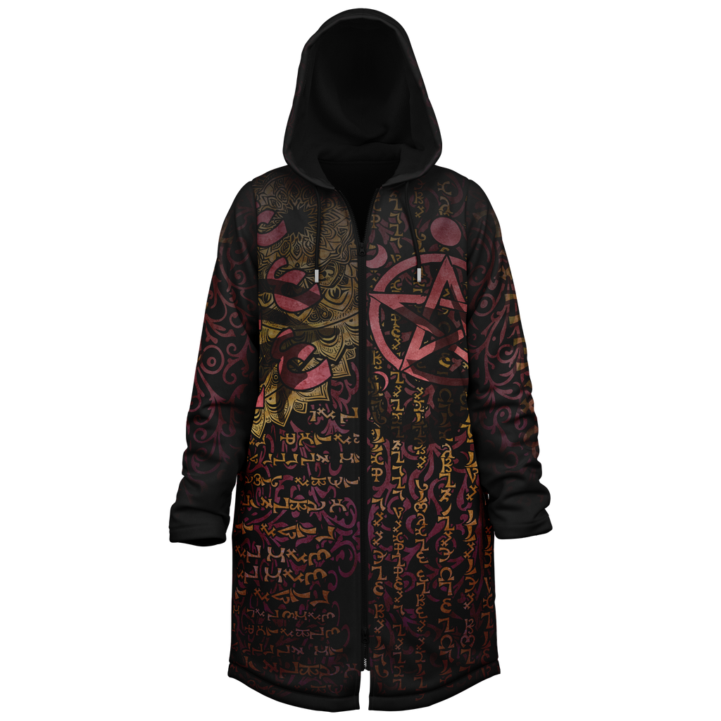Enochian Vision Red Men's Festival Cloak side view with occult-inspired art