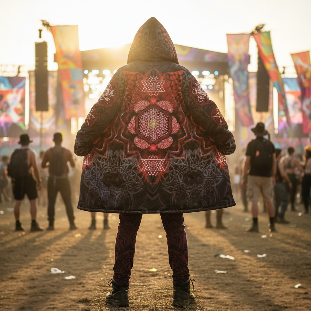 Red Angel Catcher Men's Festival Cloak front view with rave cloak