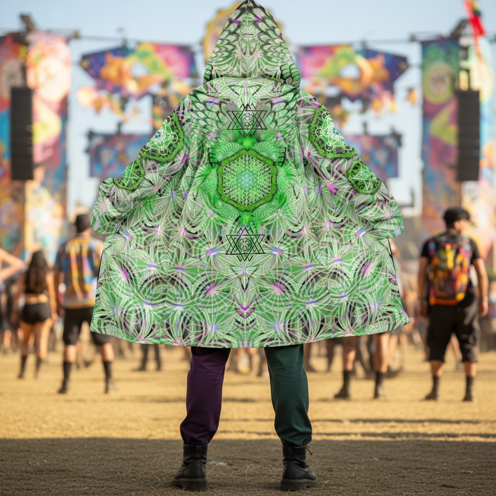 Angel Catcher Light Green Men's Festival Cloak front view with psychedelic cloak