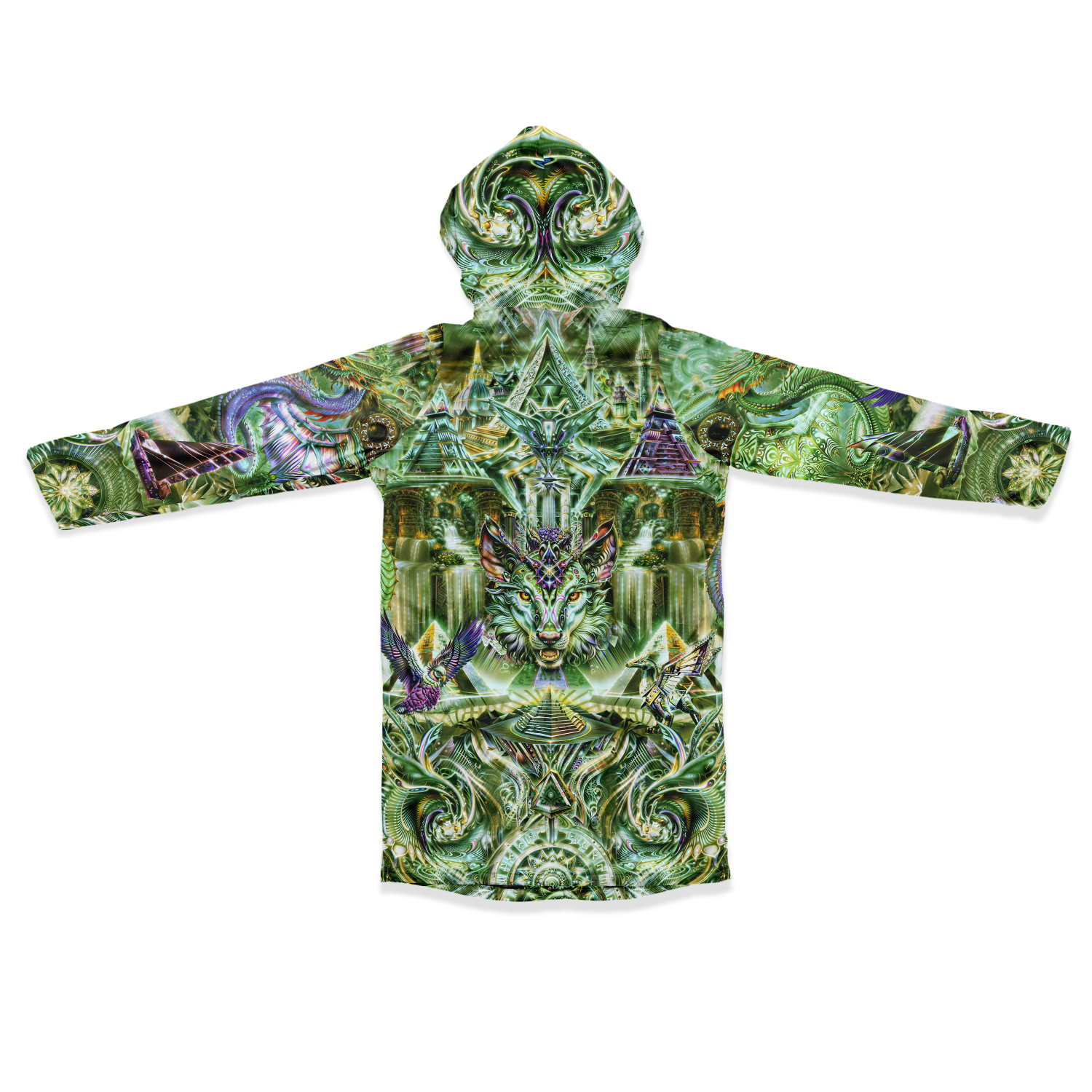 Dream Weaver Green Men's Festival Cloak side view with psychedelic festival art