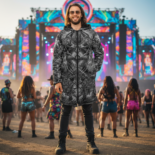 Black Cosmic Cross Men's Festival Cloak detail view with festival fashion