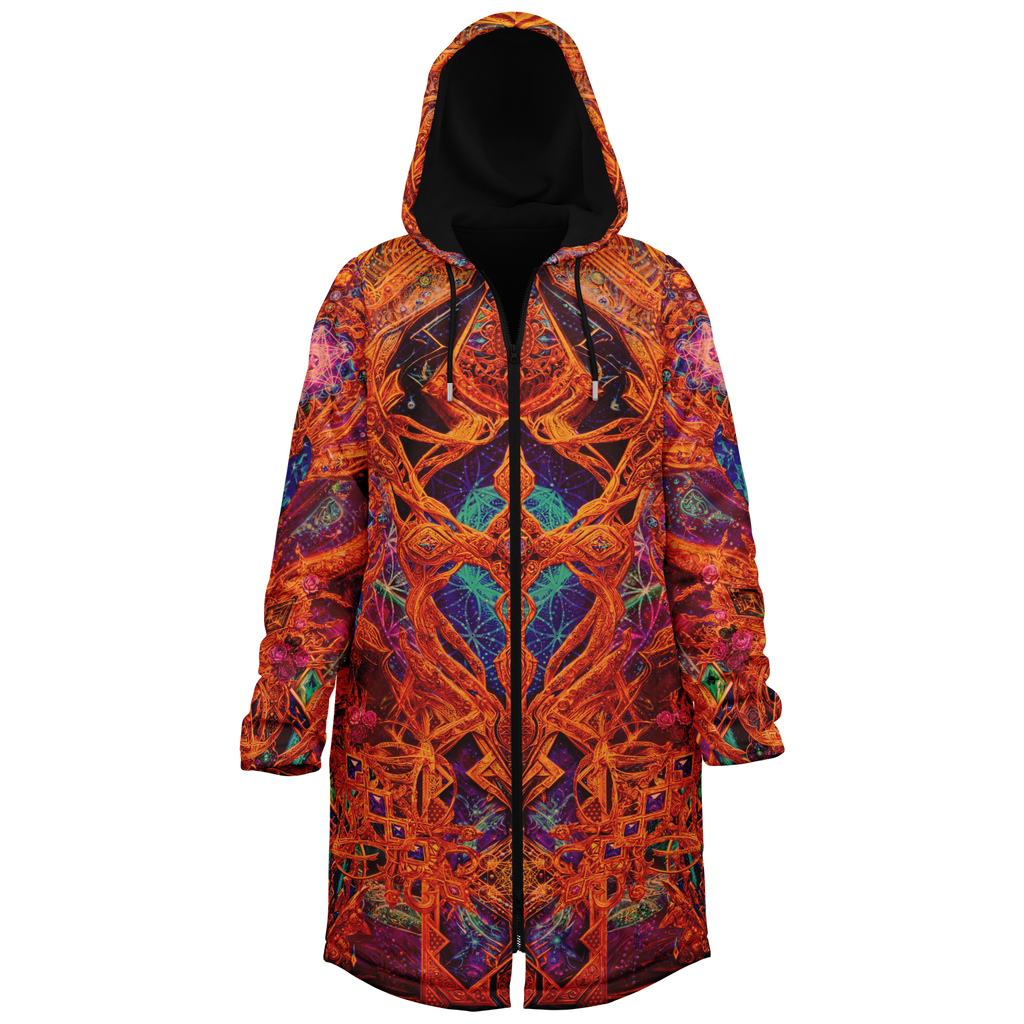 Cosmic Cross Red Men's Festival Cloak side view with sacred geometry art