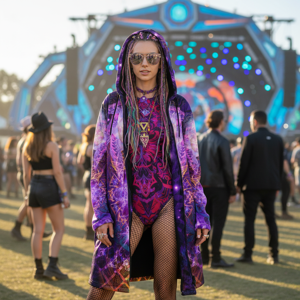 Ophanim Women's Festival Cloak back view with EDM festivals