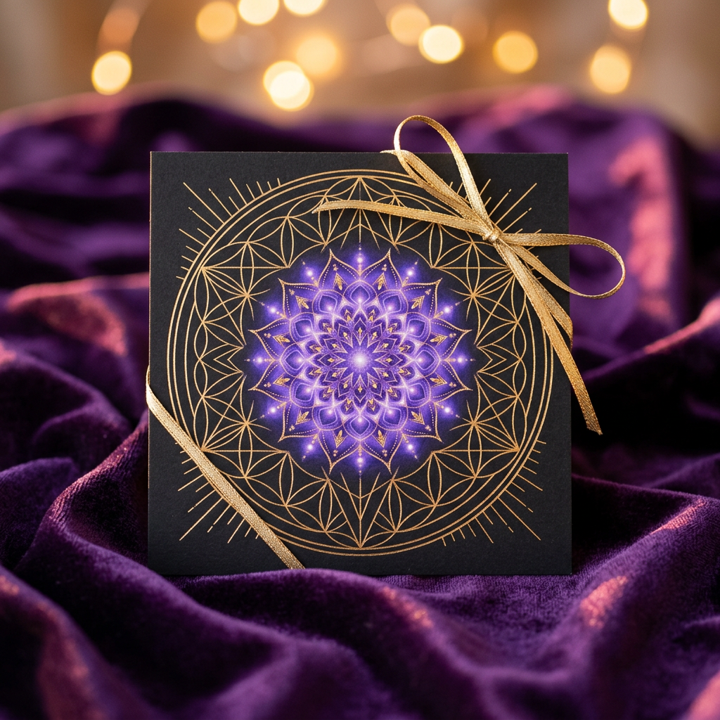 Magus Fawn gift card: a black card with gold sacred geometry and a glowing violet mandala, tied with a gold ribbon on purple velvet